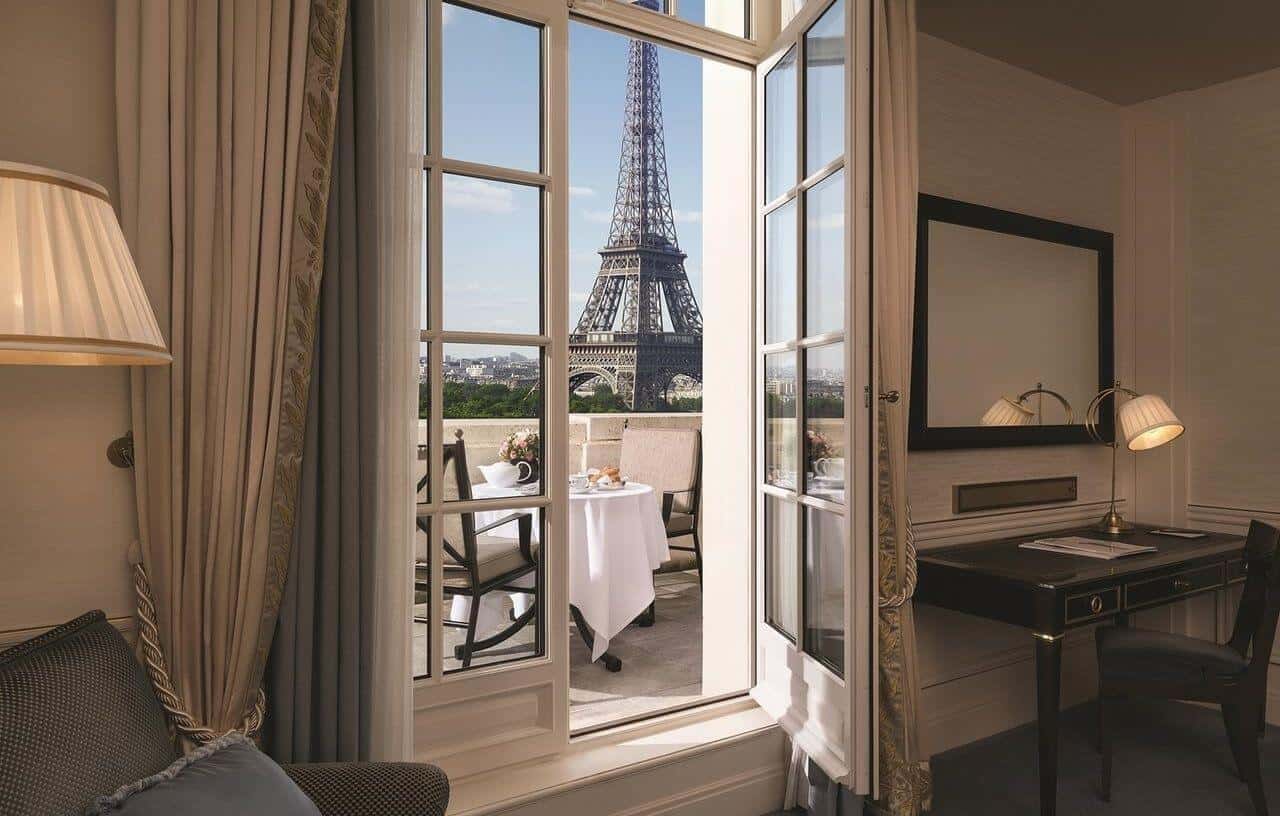 Luxury hotel in Paris overlooking Eiffel Tower in a big city