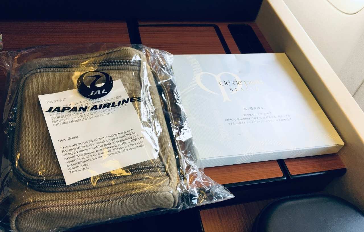Amenity kit on Japan airlines first class international travel flight