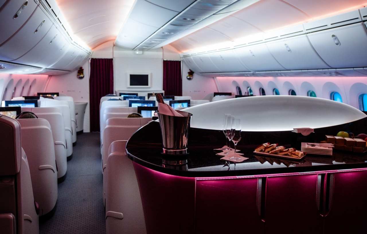 Business class cabin on Qatar long haul flight